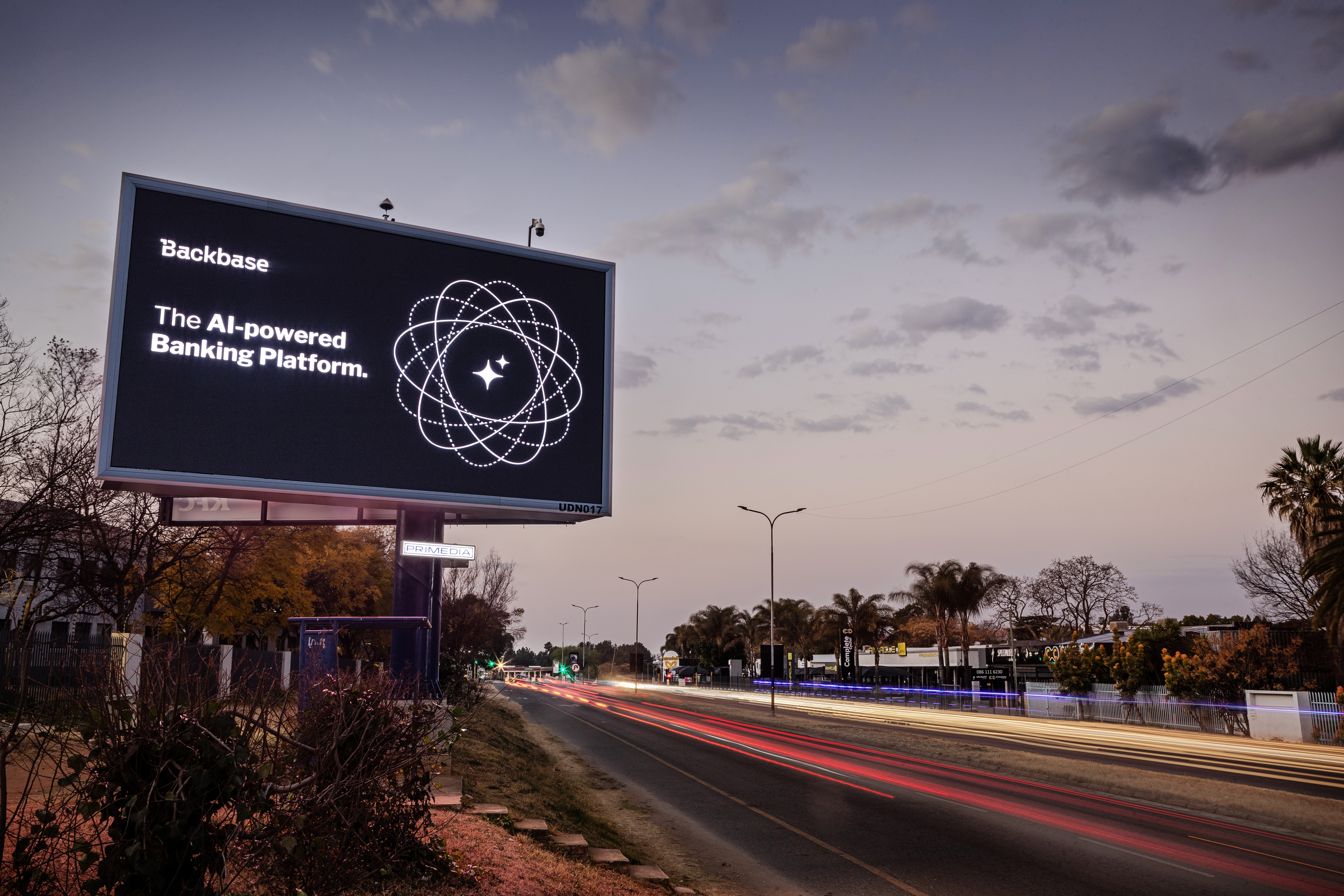 Backbase The AI-powered Banking Platform billboard at dusk, South Africa
