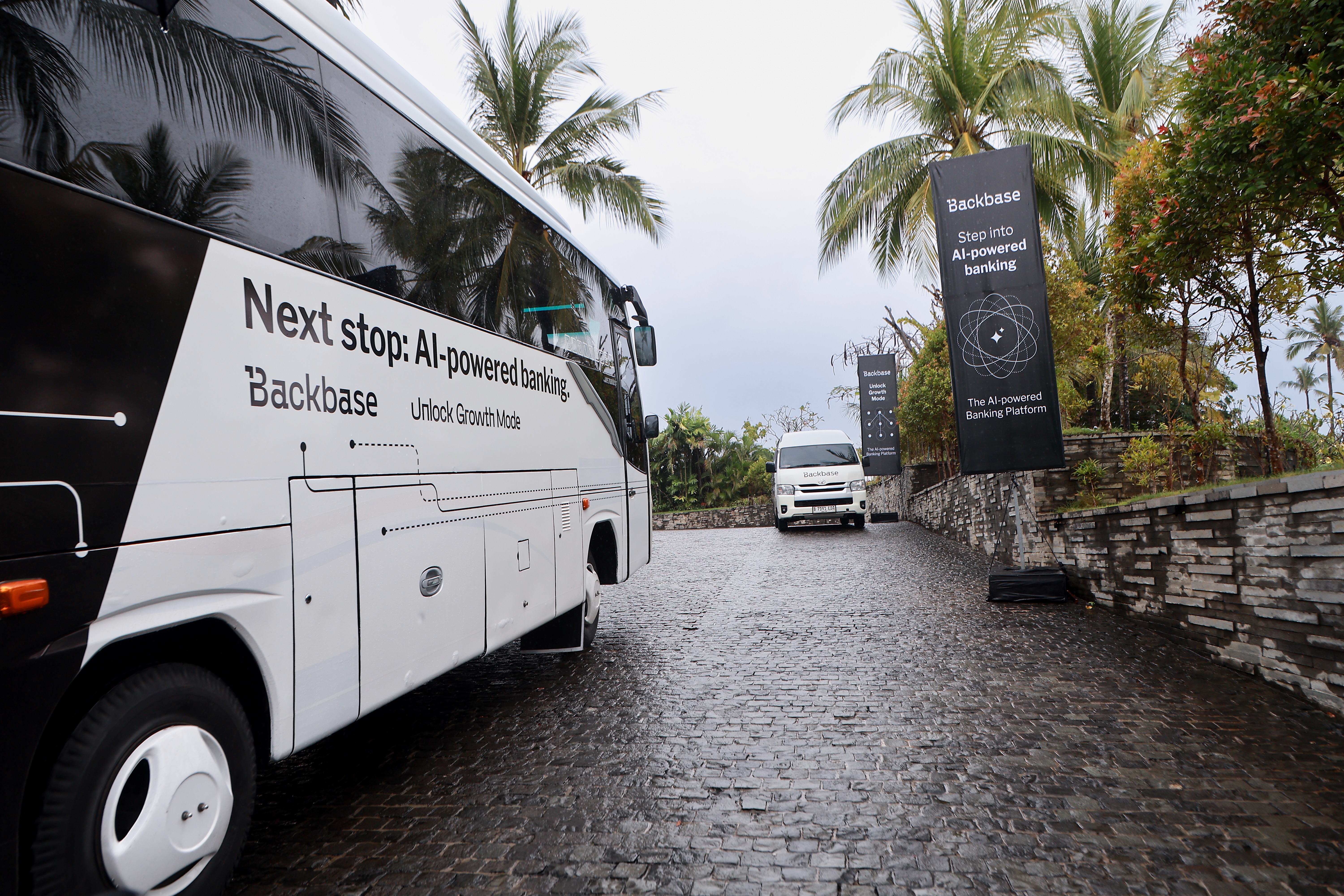 Backbase branded bus and banner - Next stop AI-powered banking, Bali
